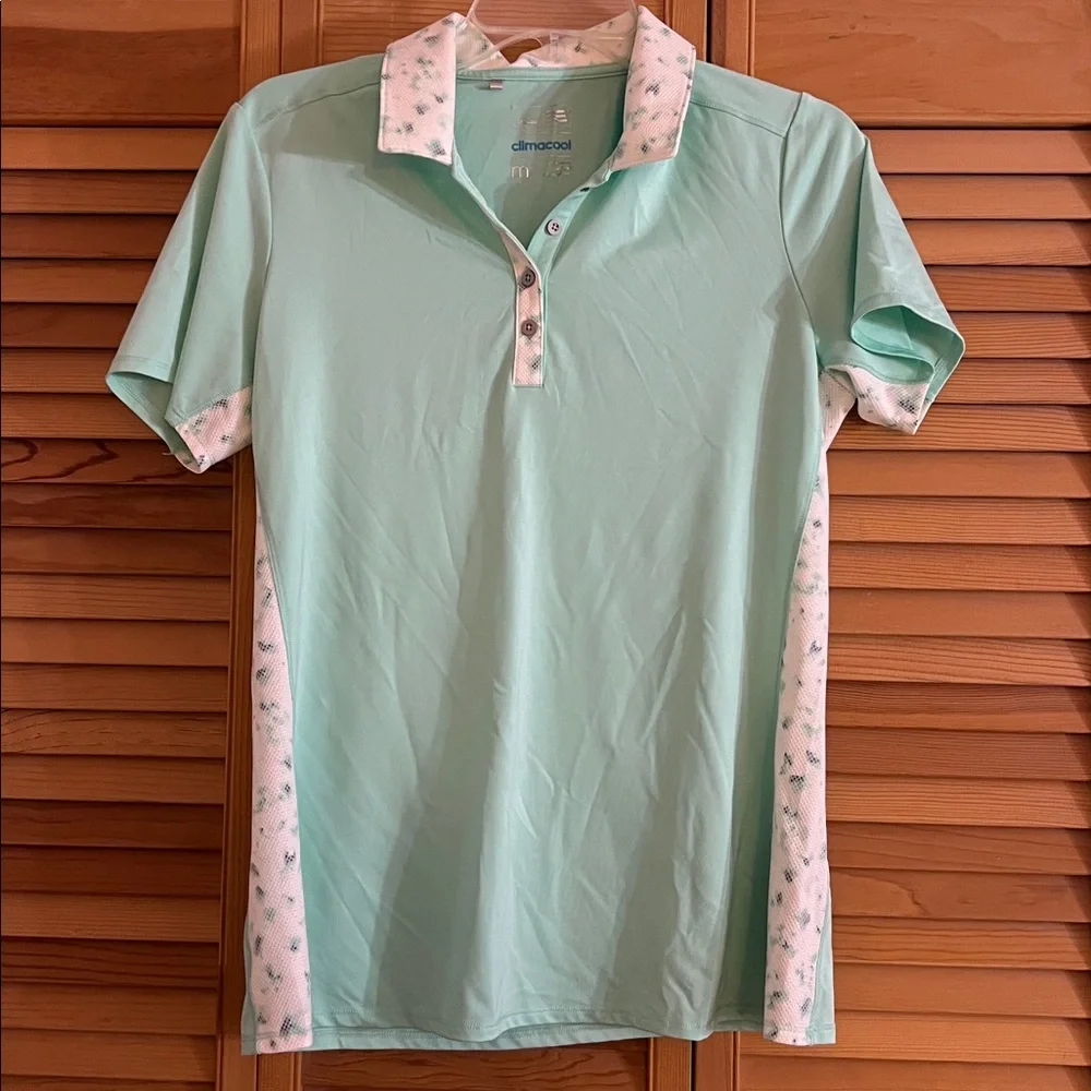 Mint Green Polo Shirt with Patterned Trim. Adidas. - Picture 1 of 1